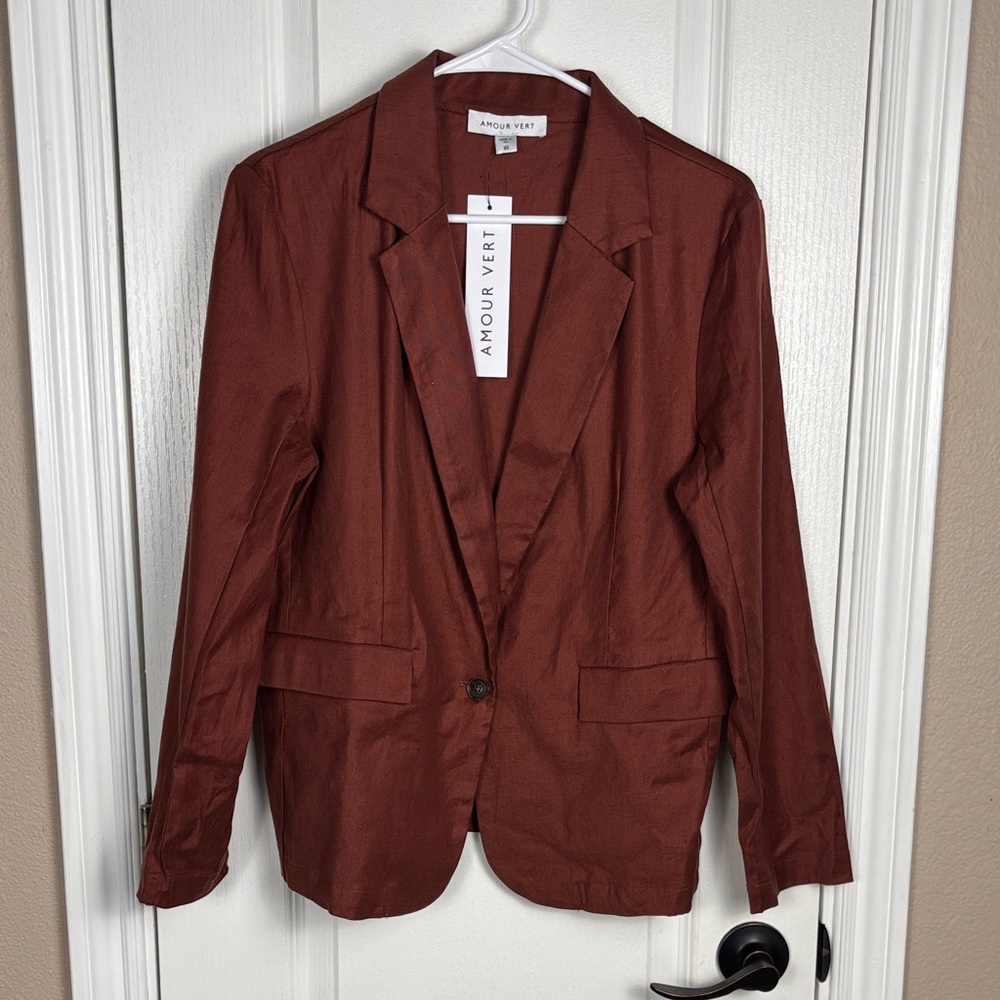 Amour‎ Vert Women's Stretch Pockets Collared Long Sleeve Rust Blazer Size XS NWT